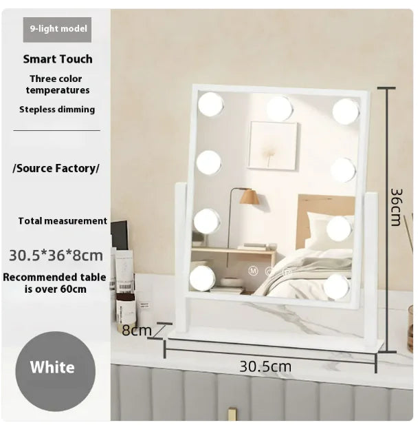 Vanity bubble Makeup Mirror: 9 LED Bulbs • 3 Light Modes • 10X Zoom • 360° Swivel