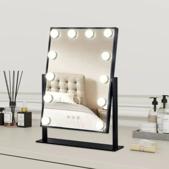 Vanity bubble Makeup Mirror: 9 LED Bulbs • 3 Light Modes • 10X Zoom • 360° Swivel